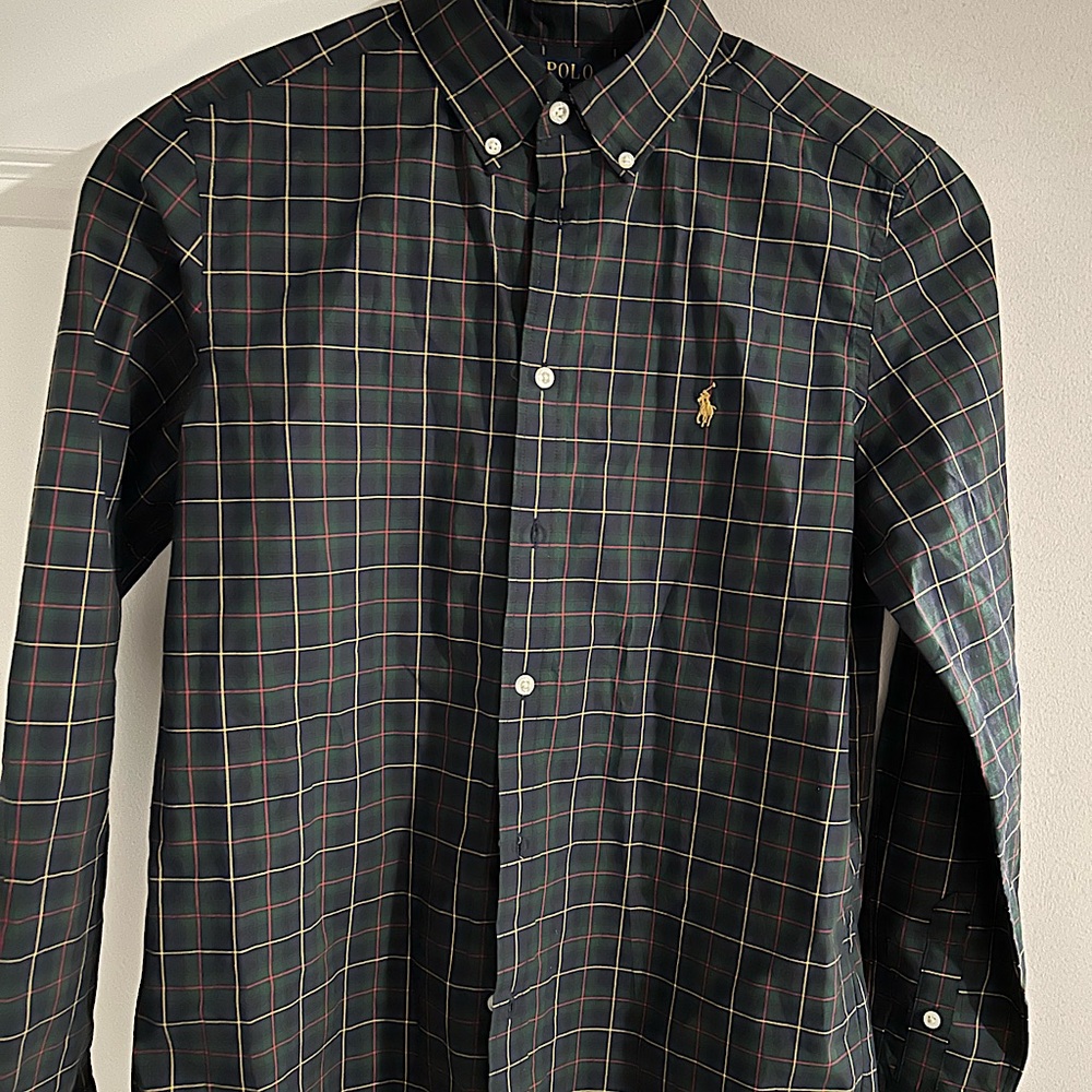 A Ralph Lauren Polo boys Oxford shirt. Green plaid. Size: XL (18-20).